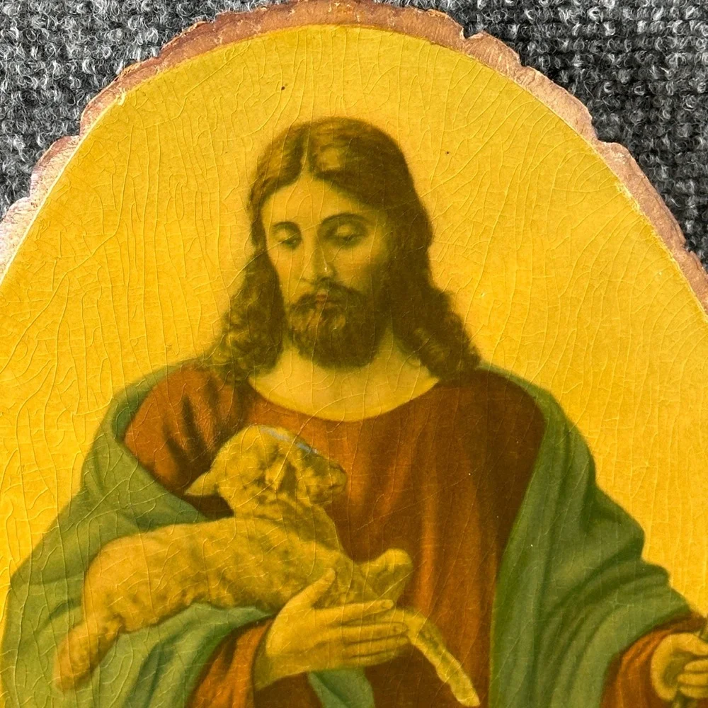 Vintage 1960's Jesus the Good Shepherd on Wood Bark 17